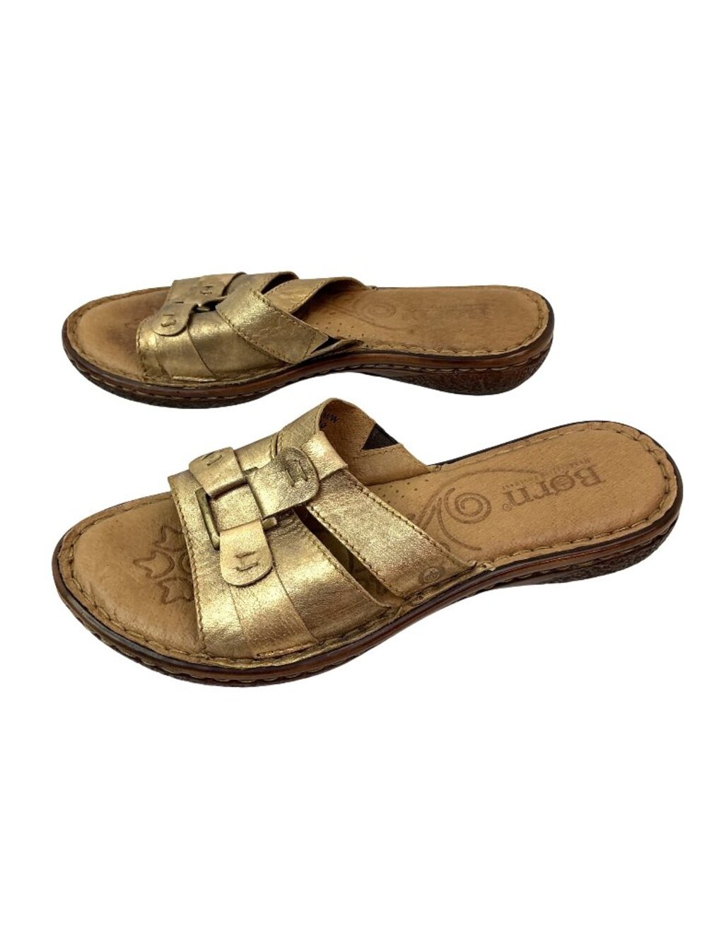 Born Beatrice Gold Foil Metallic Two Strap Leather Slide Sandals Womens 8 Gold